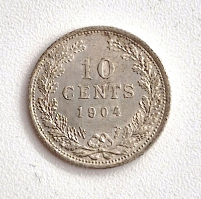 moneda din argint _ Olanda 10 cents 1904 _ km # 136 _ AG . 640 _ rara tiraj mic foto