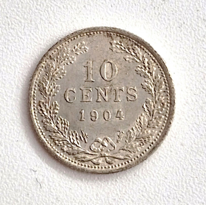 moneda din argint _ Olanda 10 cents 1904 _ km # 136 _ AG . 640 _ rara tiraj mic
