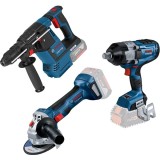 Bosch GBH 18V-26 + GWS 180-LI + GDS 18V-1600 HC - Rotopercutor SDS-Plus 2.6 J + Polizor unghiular 125 mm + Masina de insurubat cu impact patrat 3/4 in