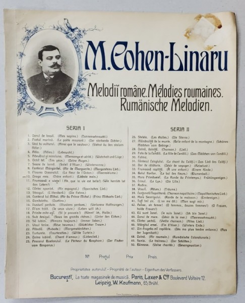 CULEGERE DE MELODII ROMANESTI de M. COHEN - LINARU , nr. 10 : DRAGA MEA , PARTITURA CU TEXT IN ROMANA , FRANCEZA , GERMANA , CCA. 1900
