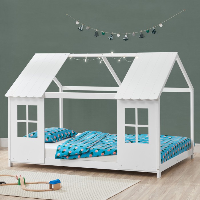 Pat casuta copii design semi deschis Tostedt 120x200 cm brad alb [en.casa] HausGarden Leisure
