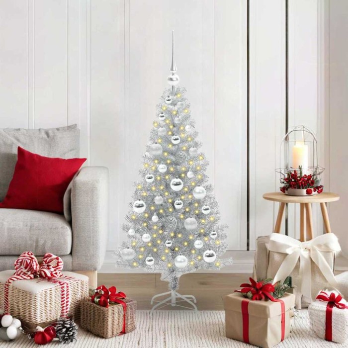 vidaXL Brad de Crăciun cu 150 LED cu suport Argintiu 120 cm PET 3396657