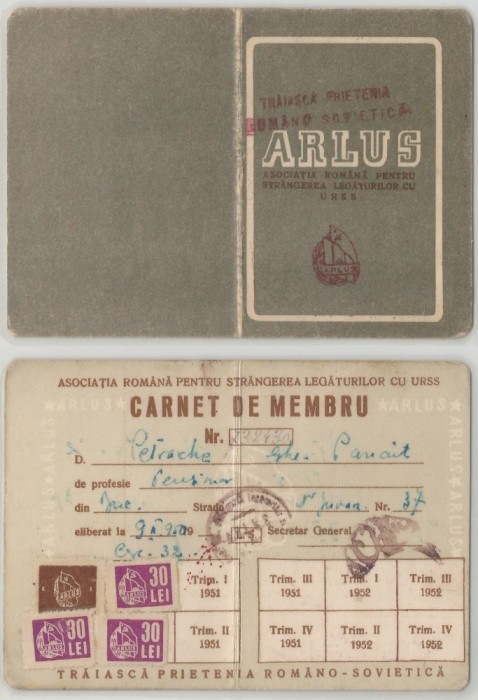 Romania, ARLUS, Carnet de membru, Bcuresti, 1950