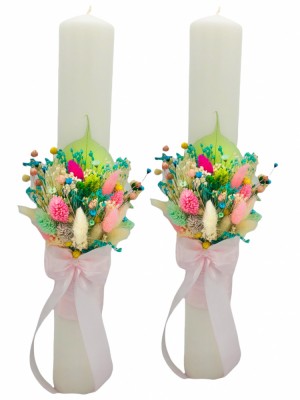 Set Lumanari pentru Nunta sau Botez, Personalizabile cu nume si data, Plante Uscate pe Frunza Fosilizata, Eventissimi, 40 cm, Multicolor, Aranjament F foto