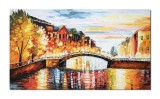 Tablou pictat manual, Peisaj citadin cu pod peste rau, 120x70cm ulei pe panza in relief efect 3D, Spectaculos