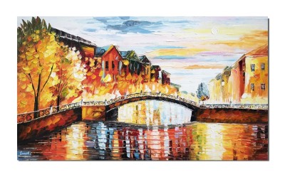 Tablou pictat manual, Peisaj citadin cu pod peste rau, 120x70cm ulei pe panza in relief efect 3D, Spectaculos foto