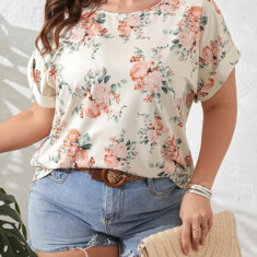 Bluza cu maneca scurta si imprimeu floral, alb, dama, Shein