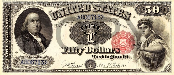 50 dolari 1880 Reproducere Bancnota USD , Dimensiune reala 1:1