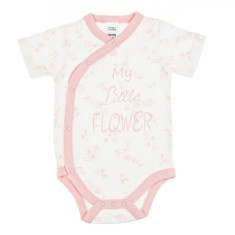 Body Bebeluși, Model &quot;My Little Flower&quot;, Bumbac, Alb cu Flori Roz, M&acirc;neci Scurte, 0-6 Luni