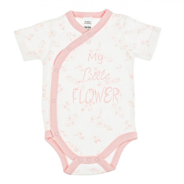 Body Bebeluși, Model &quot;My Little Flower&quot;, Bumbac, Alb cu Flori Roz, M&acirc;neci Scurte, 0-6 Luni