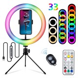 Cumpara ieftin Lampa circulara cu trepied, Iluminare RGB, 10 trepte luminozitate, Telecomanda, Inaltime reglabila, 10 inch, Alb/Negru, Oem