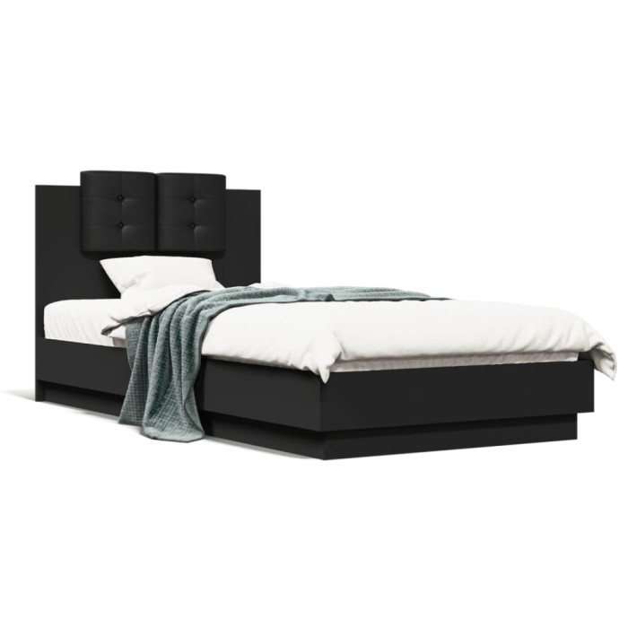 Gossi cadru de pat cu tablie si lumini led, negru, 75x190 cm