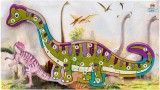 Puzzle dinozaur 3D incastru din lemn cu litere, 40x22 cm