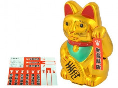 Figurina Pisica Norocoasa Maneki Neko, Simbol de Noroc si Prosperitate, 15cm, auriu foto