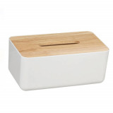 Cutie decorativa pentru servetele Pufo, cu capac din bambus, 23 x 13 cm, alb/maro