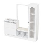 Combinație 6-&icirc;n-1 pentru intrare cu iluminare LED, set cuier, masă de toaletă, bancă pentru pantofi, dulap rabatabil pentru pantofi și vitrină din sti