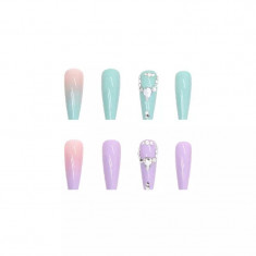 Set unghii false autoadezive tip press-on 24 de bucati pink-blue ombre si strasuri stralucitoare sclipici, roz