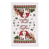 Prosop de bucatarie din bumbac, Alb, cu figurine de gnomi si mesaj Merry Christmas, 60x35cm, CMCLASS