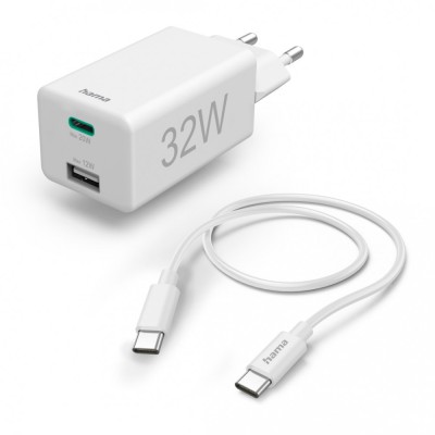 Incarcator rapid, Hama 1x USB-C, 1x USB-A, PD/Qualcomm&amp;reg;, 32 W, 1 m, alb foto