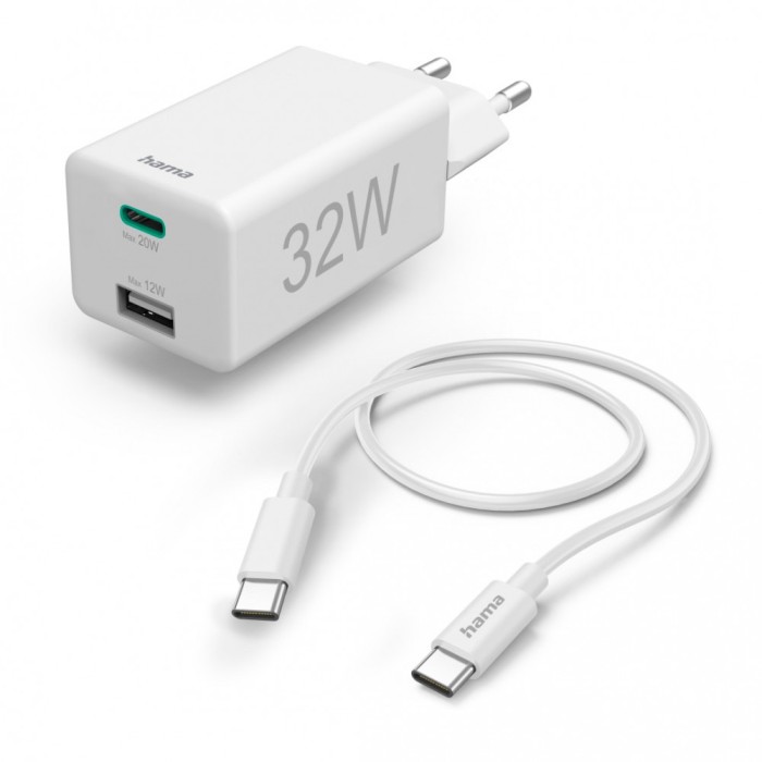 Incarcator rapid, Hama 1x USB-C, 1x USB-A, PD/Qualcomm&reg;, 32 W, 1 m, alb