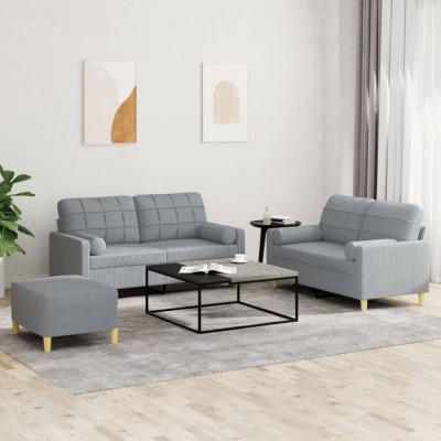 vidaXL Set de canapele cu perne, 3 piese, gri deschis, textil foto