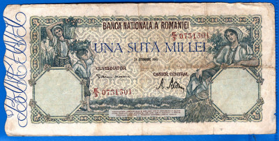 (23) BANCNOTA ROMANIA - 100.000 LEI 1946 (21 OCTOMBRIE 1946), FILIGRAN ORIZONTAL foto