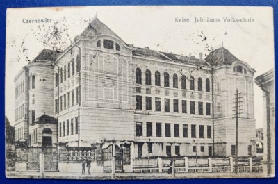 Bucovina 1921 Cernauti Czernowitz - Kaiser Jubilaums Volksschule - printata, circulata la Viena, 1 timbru intact, editor Moritz Gottlieb foto