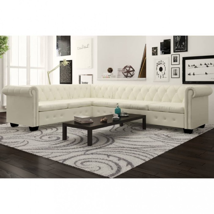 Canapea colțar Chesterfield, piele artificială, 6 locuri, alb
