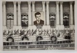 FOTOMONTAJ , CASA ARMATEI CU FOTOGRAFIA LUI NICOLAE CEAUSESCU LIPITA PE FATADA , ANII &#039;70