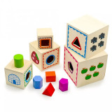 Turn Montessori din lemn 5 cuburi cu cifre, forme si animale, Oem