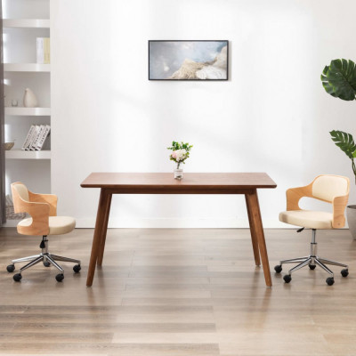 vidaXL Scaun de birou pivotant, crem, lemn curbat și piele ecologică foto