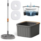 Cumpara ieftin Set mop rotativ cu doua rezerve, galeata patrata cu doua compartimente separate pentru apa curata si murdara, rotatie 360, gri antracit