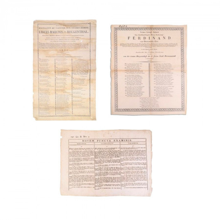 Colecție de 3 documente, poem funebru, examen cu nouă &icirc;ntrebări din domeniul juridic, panegiric, 1790-1838 - D