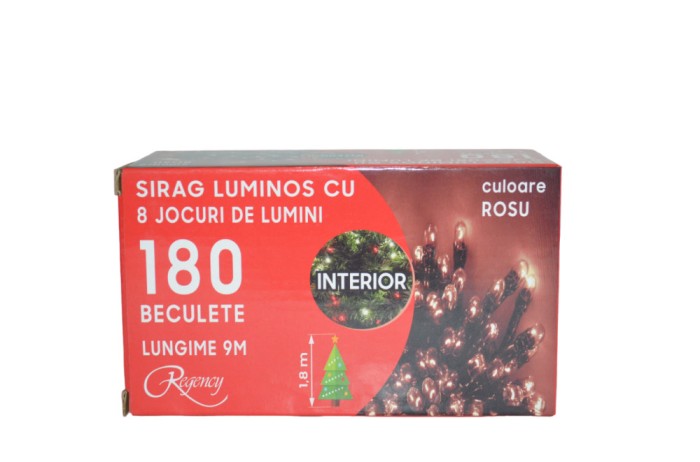 Instalatie de Craciun, sirag luminos cu 8 jocuri de lumini, 180 de beculete rosii, 9 m