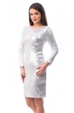 Rochie Argintie Paiete Ocazie Scurta Maneci Lungi Eleganta Fabricata in Romania