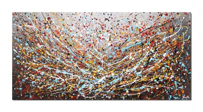 Tablouri abstracte gigant pictat manual birou, living, Compozitie in abstract, 140x70cm ulei pe panza, reproducere Jackson Pollock