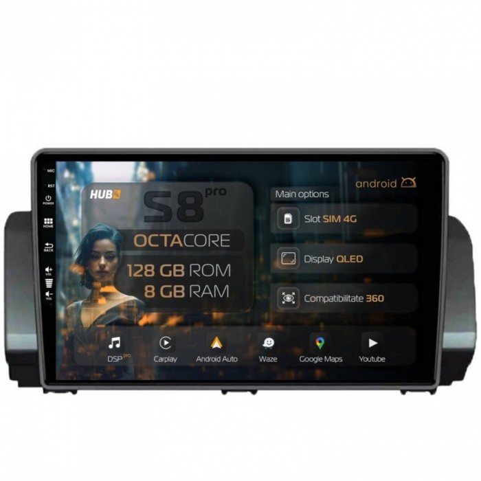 Navigatie Dacia Sandero (2021-Prezent) 8GB RAM Android 13 Octacore Slot Sim 4G DSP GPS Wi-FI Carplay Android Auto USB Bluetooth Waze Touchscreen 10.1