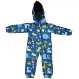Salopeta pentru copii din material softshell Kidscare, cu protectie la vant si ploaie cu imprimeu Savana Blue