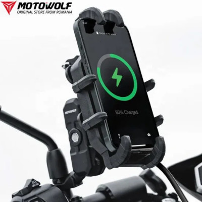 Suport Telefon Moto, atv, scuter antivibratii MOTOWOLF cu incarcare wireless si port Usb, Universal, Robust , prindere oglinda foto