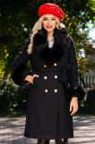 Palton negru elegant cu blana la guler si mansete si nasturi aramii