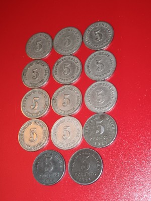 Lot 14 monede Germania:5 pfennig 1875 A,1876 D,1890 F,1902+1903+1905 A,1906+1908 D,1909A,1910 D,1914+1917 A,1918 D,1921[poze]Discount 10-20%.Descriere foto
