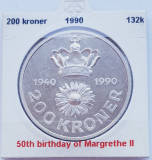 189 Danemarca 200 kroner 1990 Queen&#039;s 50th Birthday km 872 argint, Europa