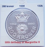 189 Danemarca 200 kroner 1990 Queen&#039;s 50th Birthday km 872 argint