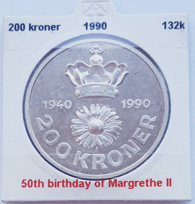 189 Danemarca 200 kroner 1990 Queen&amp;#039;s 50th Birthday km 872 argint foto