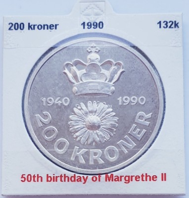 189 Danemarca 200 kroner 1990 Queen&amp;#039;s 50th Birthday km 872 argint foto