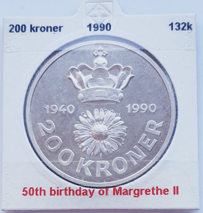 189 Danemarca 200 kroner 1990 Queen&#039;s 50th Birthday km 872 argint