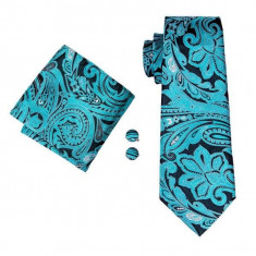 Set cravata + batista + butoni matase naturala model negru cu albastru 1620 foto
