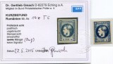 1868 , Lp 23 b , Carol I cu favoriti 4 Bani albastru inchis - certificat GMach , vezi descriere ! , tip 5 bloc report.