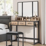 VASAGLE Masuta toaleta 90x40x141 cm, cu 3 sertare, oglinda tripla si taburet, lemn si otel, maro stejar si negru Household NewTrend