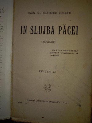 Ioan Alexandru Bratescu Voinesti - In slujba pacei. Scrisori (1941) foto